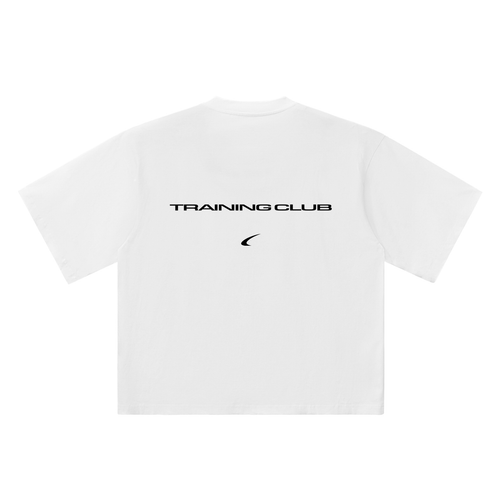 White short-sleeve t-shirt shown from the back, featuring the text 'TRAINING CLUB' in black across the upper back and a small black swoosh logo underneath, on a solid white background.