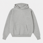 Gray hoodie with a brand logo on a light gray background