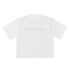 A white short-sleeve t-shirt shown from the back, featuring a small gray logo for 'revivaltrainingclub' across the upper back.