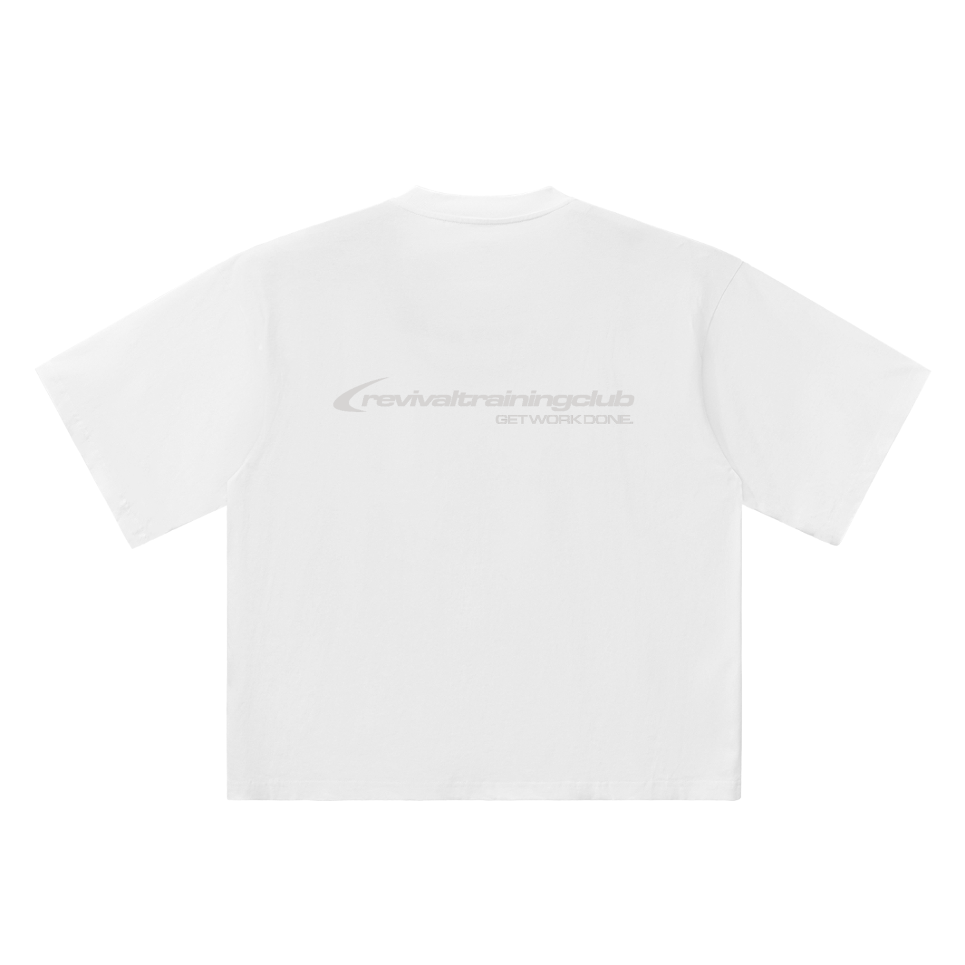 A white short-sleeve t-shirt shown from the back, featuring a small gray logo for 'revivaltrainingclub' across the upper back.