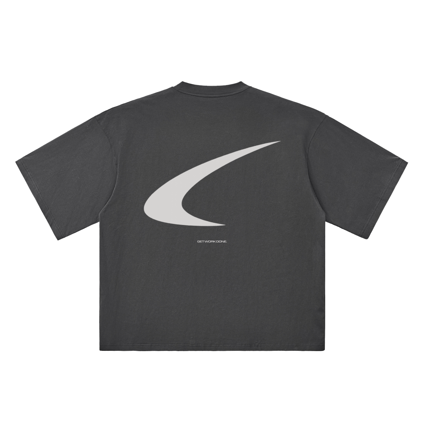 Black t-shirt with 'GET WORK DONE' text on a white background