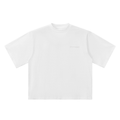 White t-shirt with black text on a white background