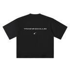 Black t-shirt with white text on a white background