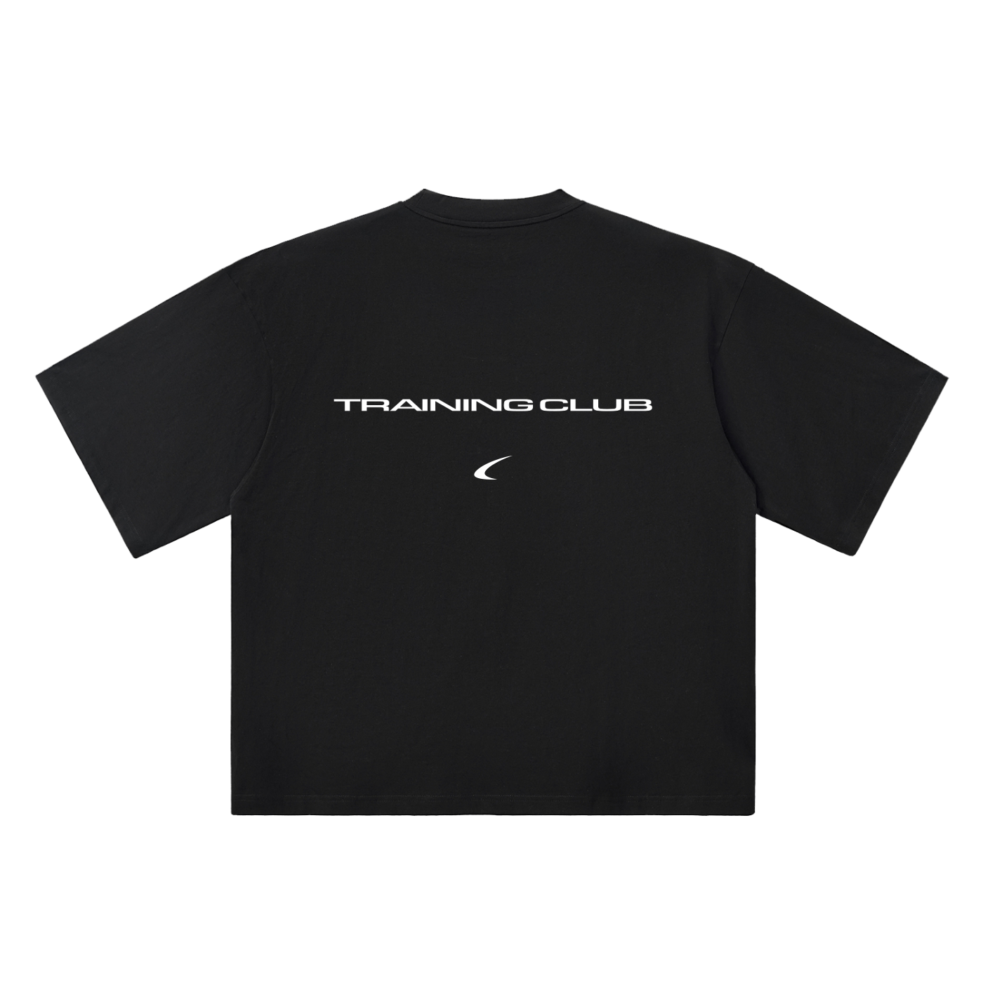 Black t-shirt with white text on a white background