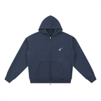 Navy blue hoodie with a small white logo on a white background