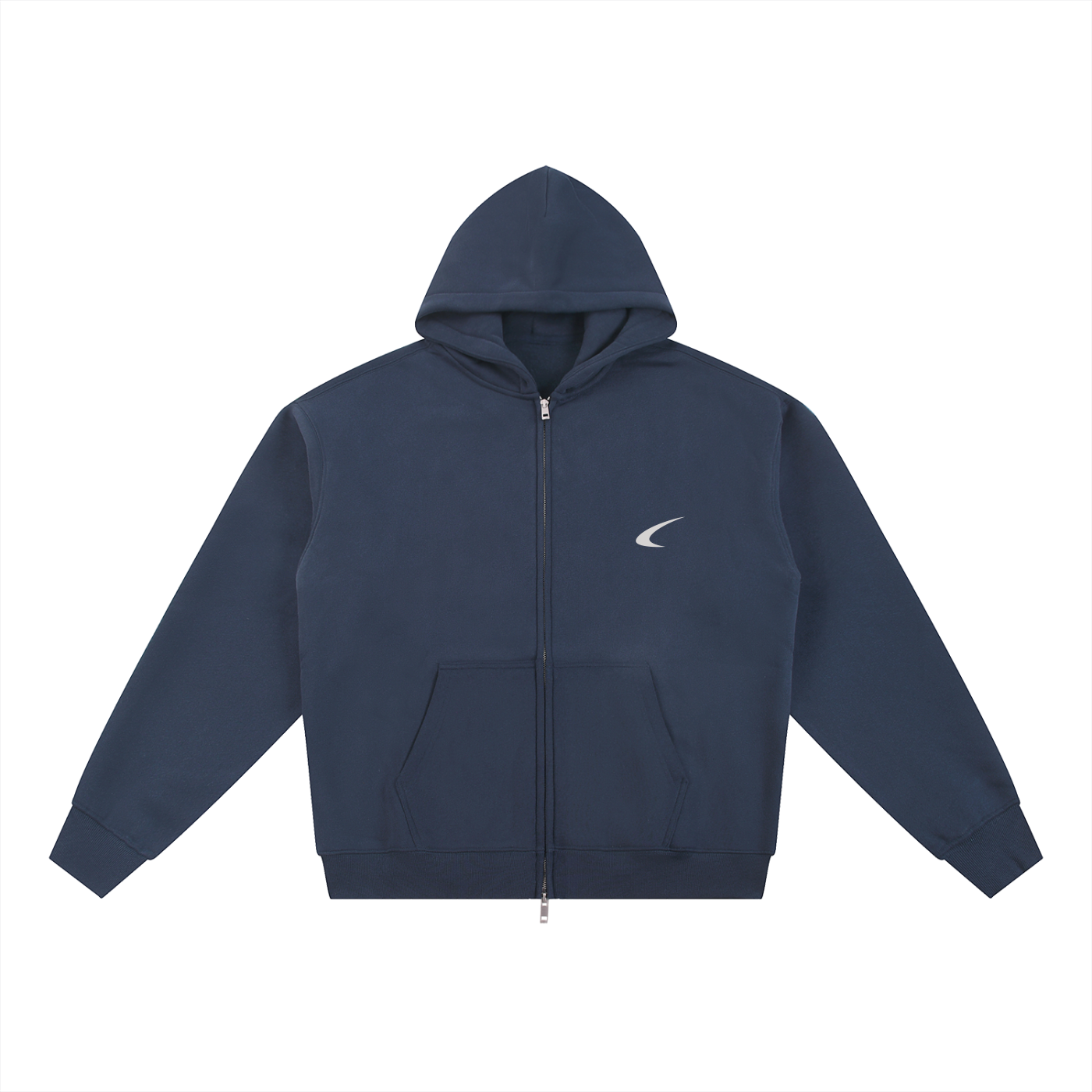 Navy blue hoodie with a small white logo on a white background