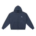 A navy blue zip-up hoodie with a small white logo on the left chest, displayed flat against a solid white background.