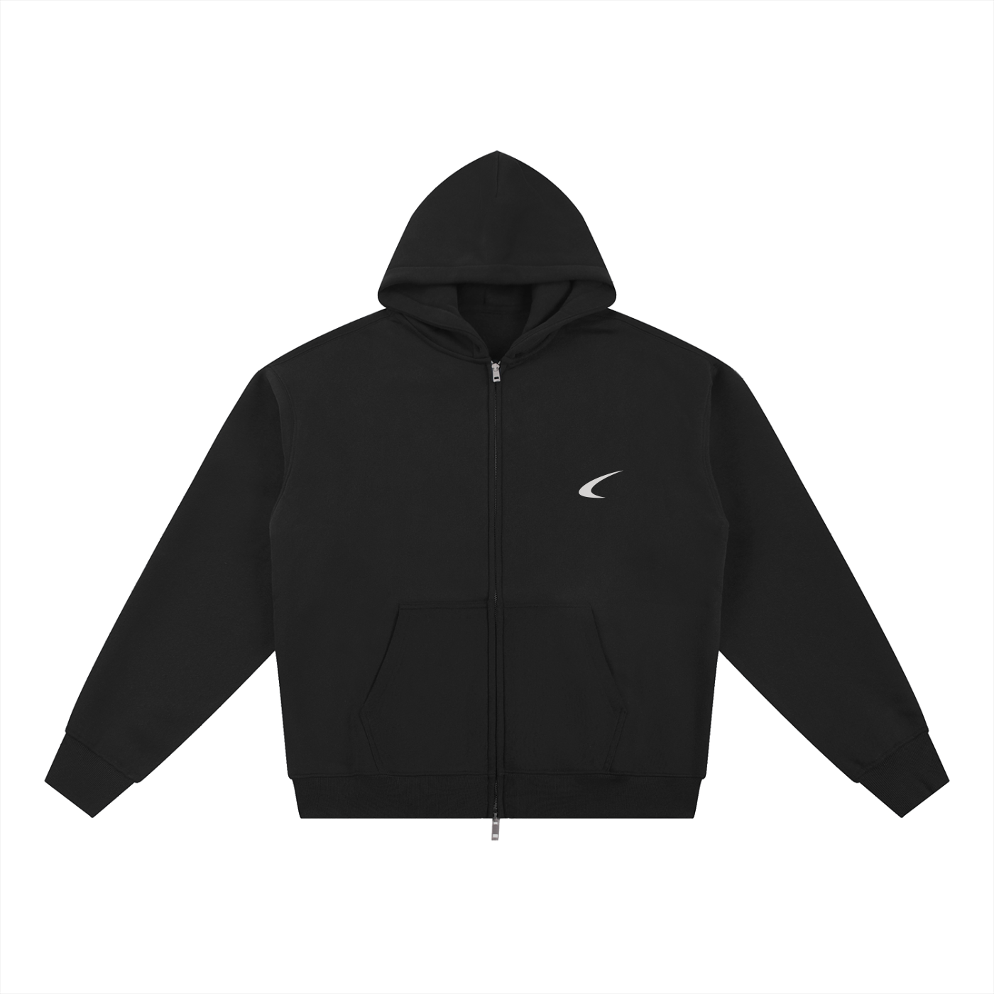 Black hoodie with a small logo on a white background