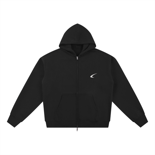 Black hoodie with a small logo on a white background