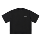 Black t-shirt with a white graphic design on a white background