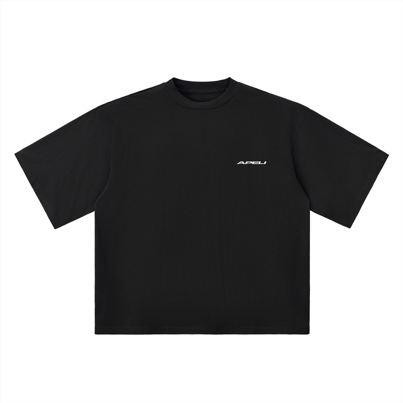 Black t-shirt with a white graphic design on a white background