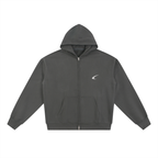 Dark gray hoodie with a small logo on a white background