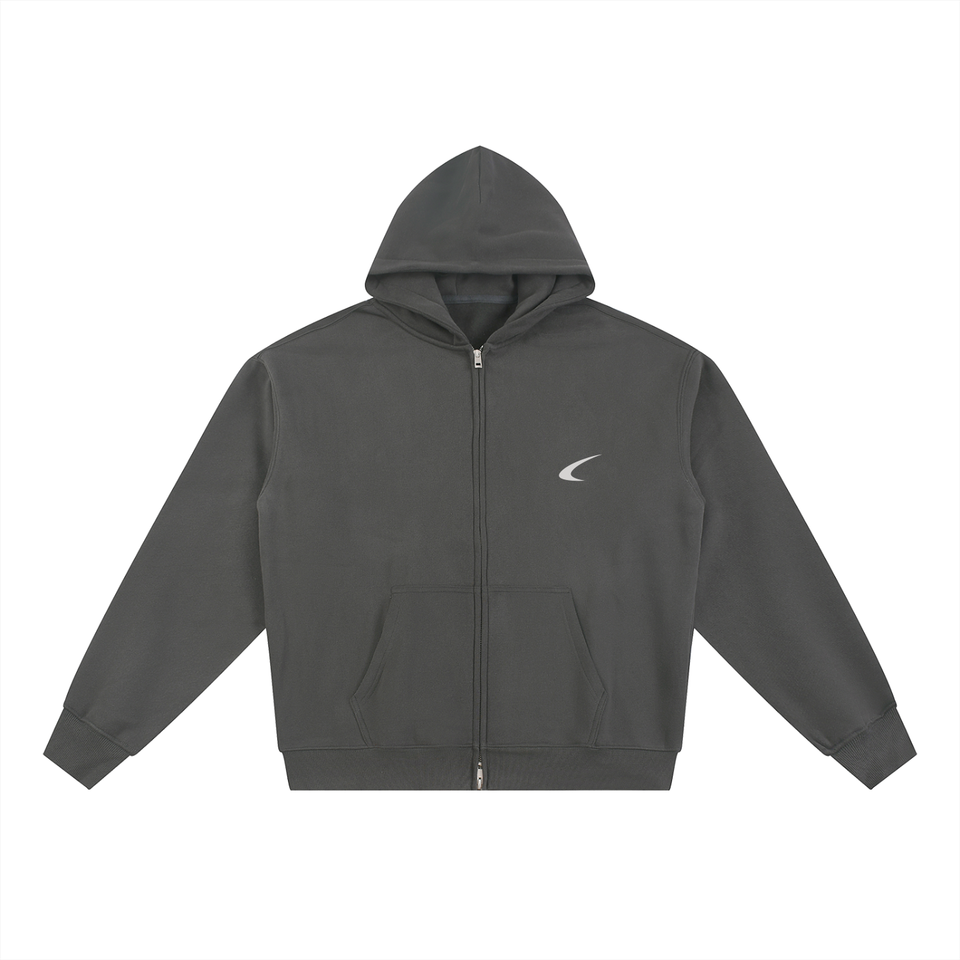 Dark gray hoodie with a small logo on a white background
