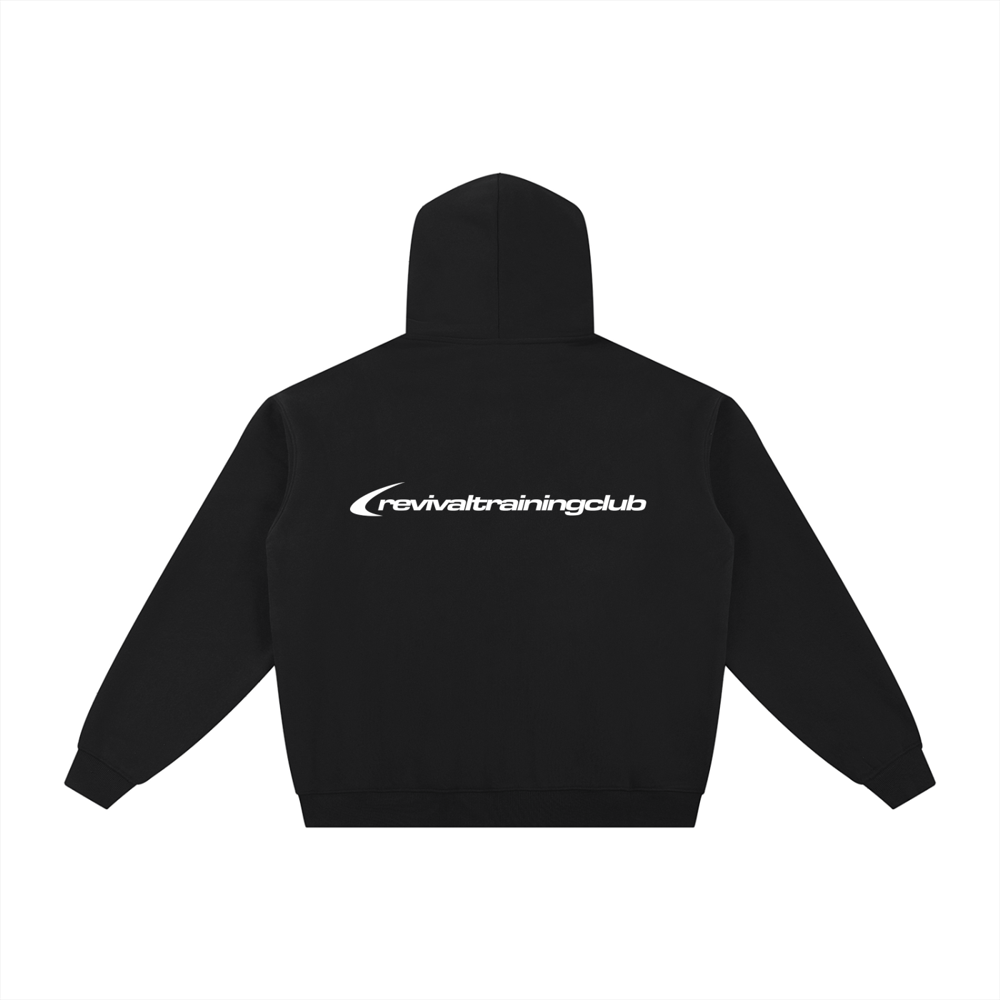 Black pullover hoodie shown from the back, featuring a white 'revivaltrainingclub' logo printed across the upper back, on a solid white background.