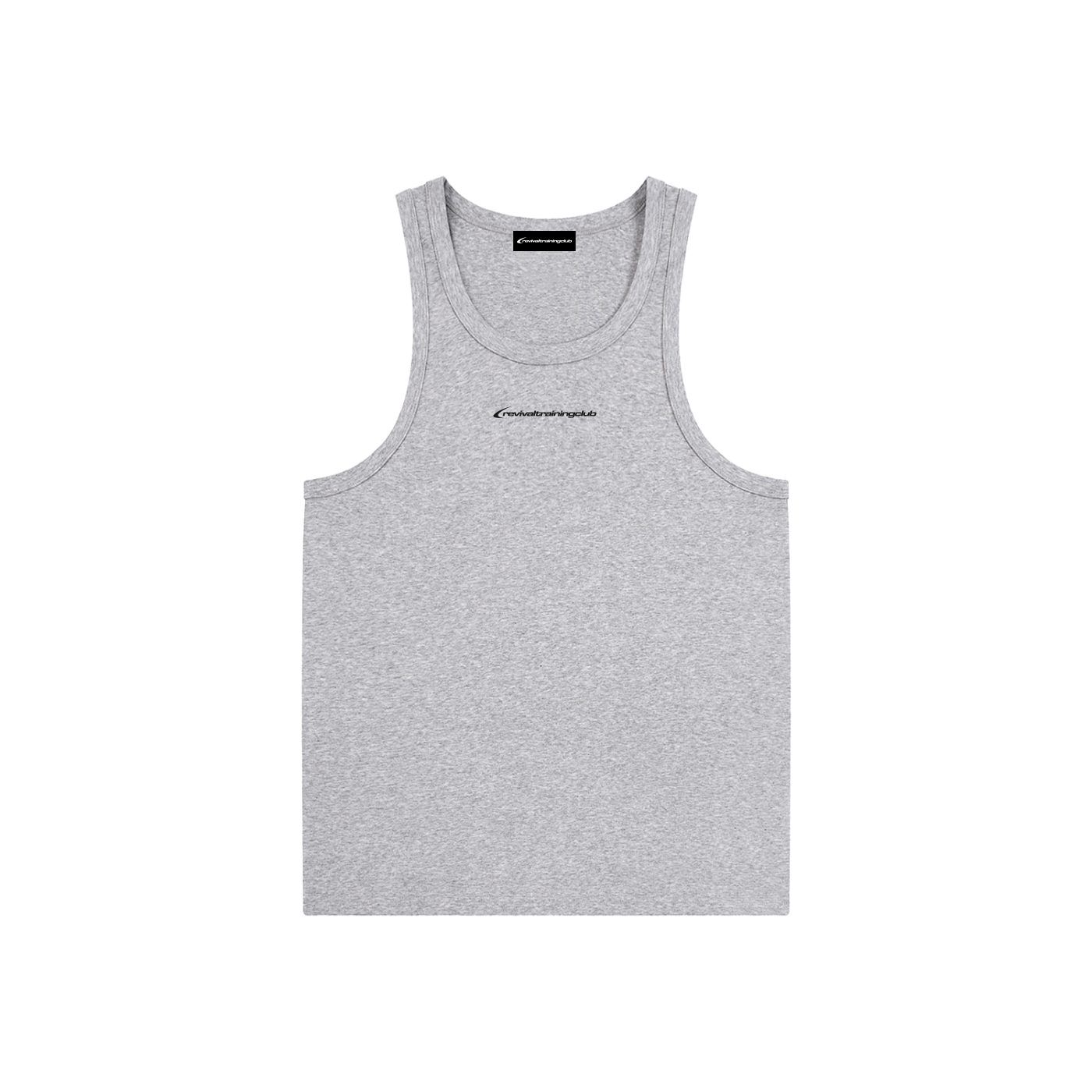 Gray tank top with a brand logo on a white background