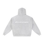 Gray hoodie with a logo on the back against a white background