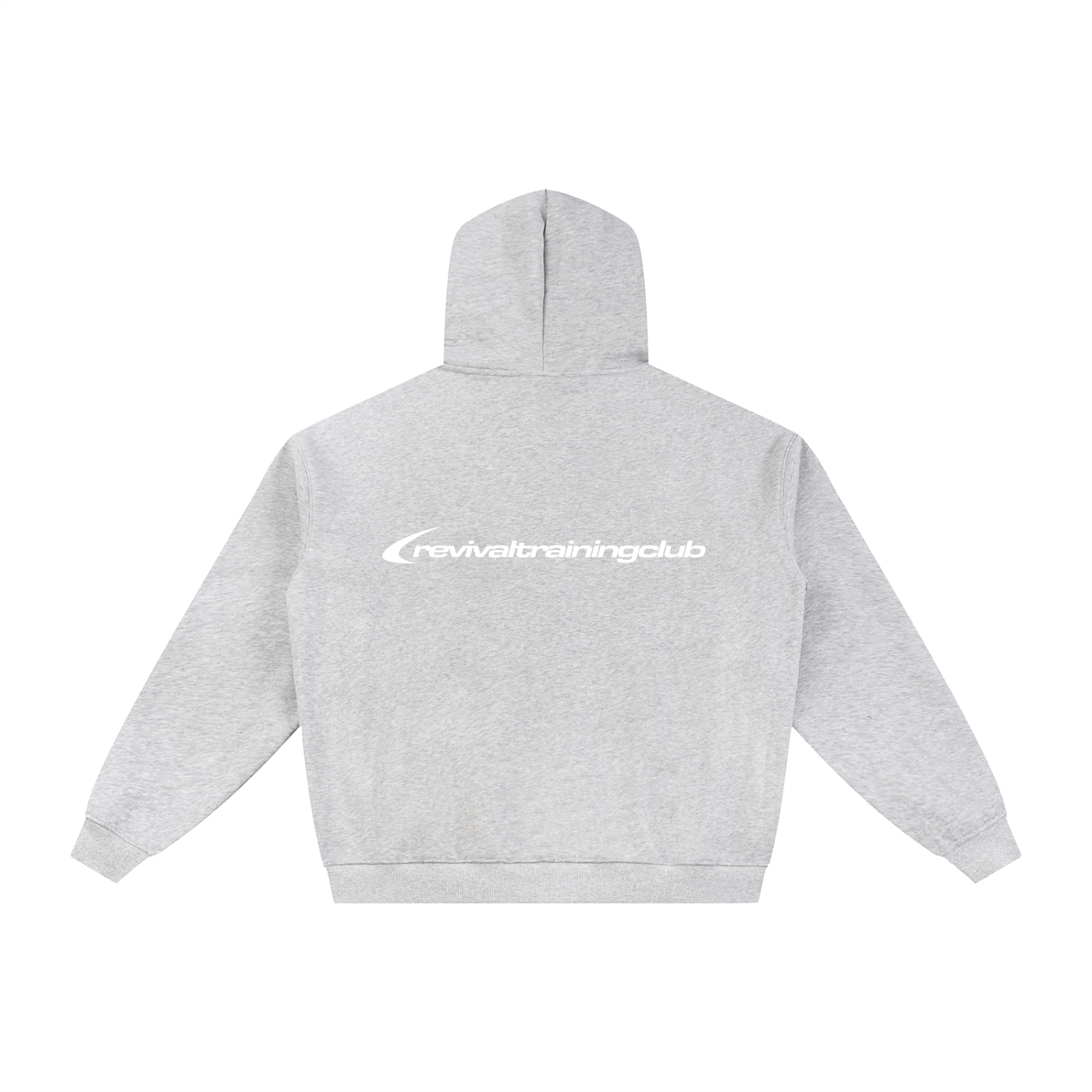 Gray hoodie with a logo on the back against a white background
