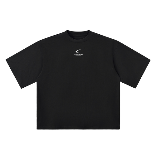 Black t-shirt with a logo on the chest against a white background