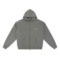 Gray hoodie with a brand logo on a white background