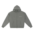 Gray hoodie with a brand logo on a white background