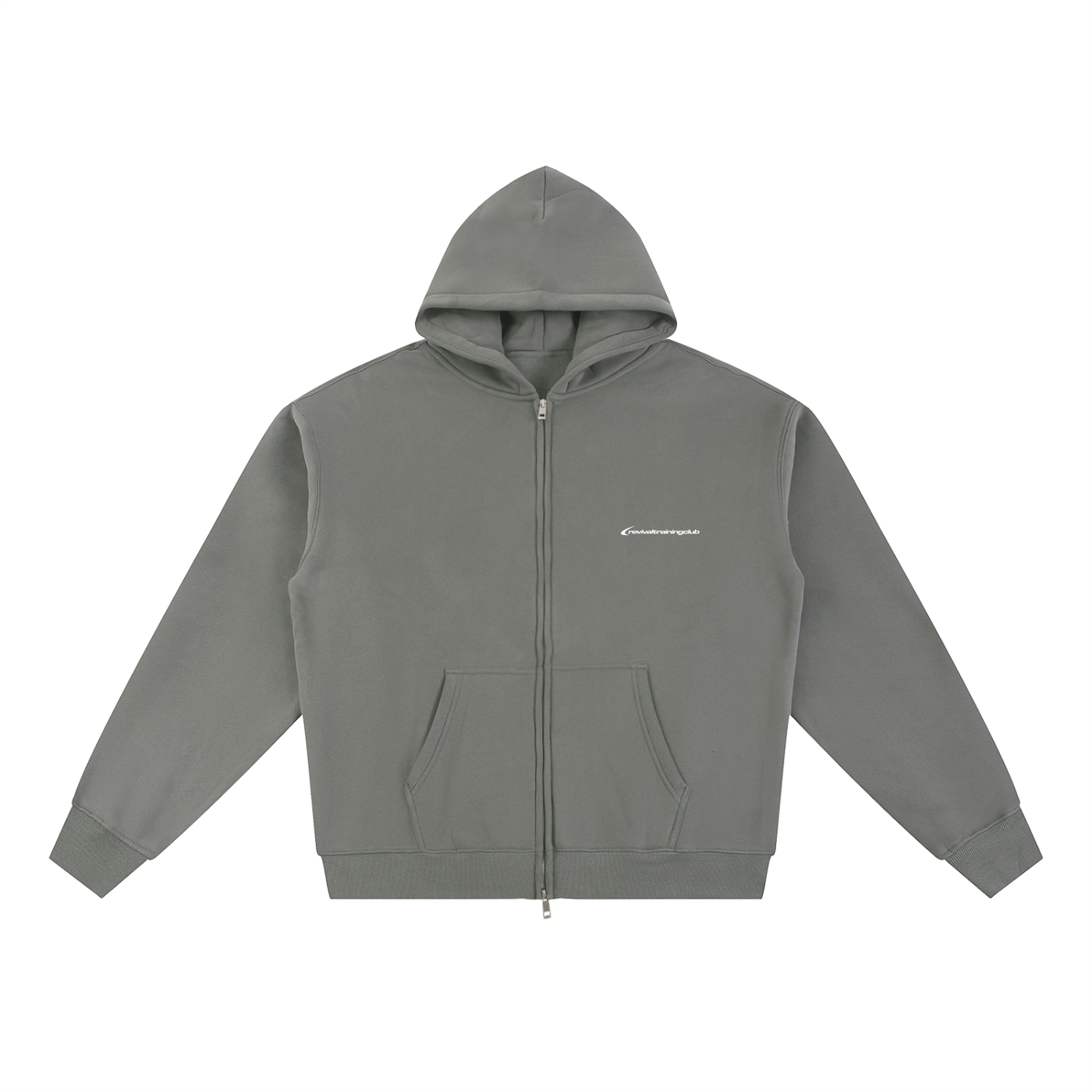 Gray hoodie with a brand logo on a white background