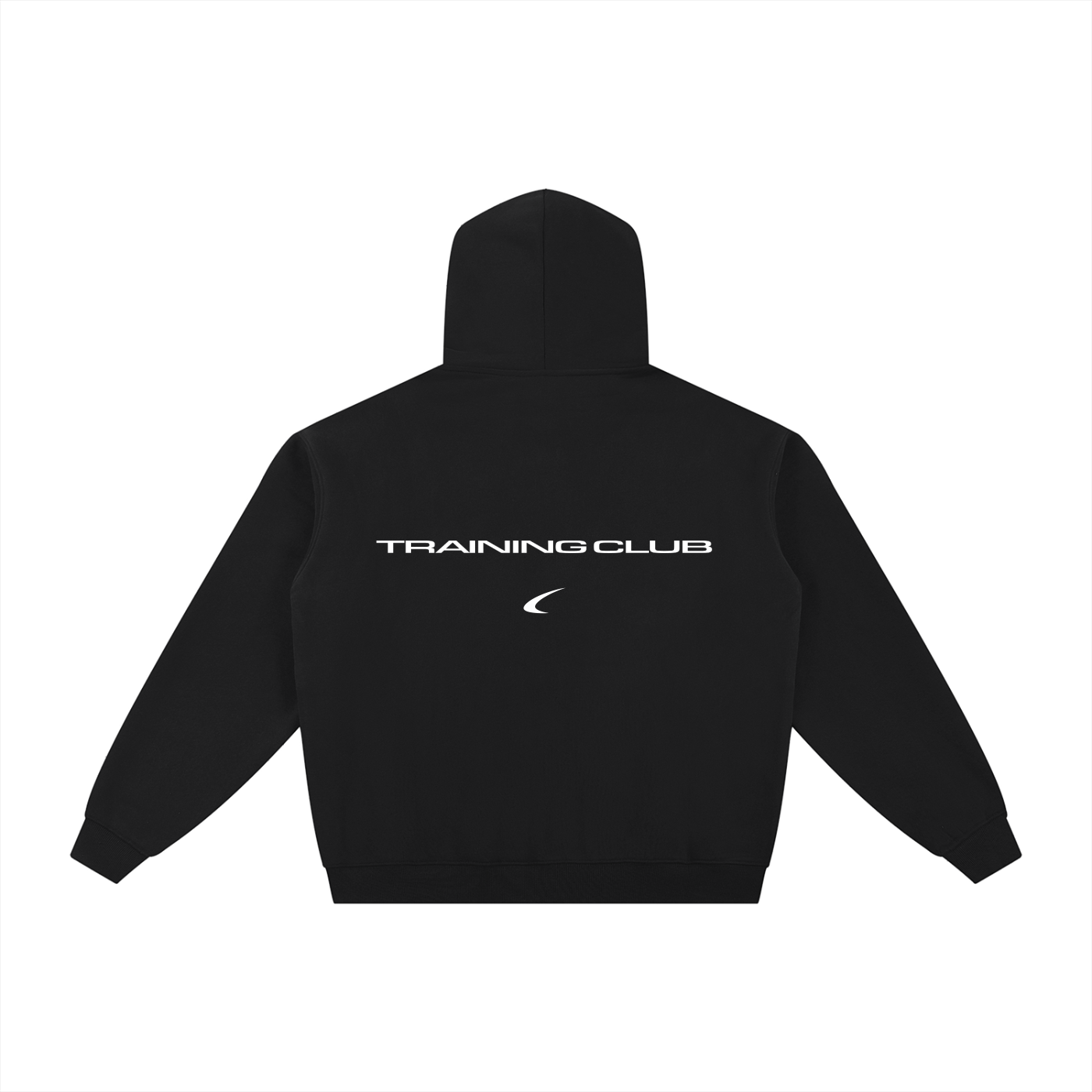 Black pullover hoodie shown from the back, featuring the words 'TRAINING CLUB' in white across the upper back and a small white curved logo underneath, on a plain white background.