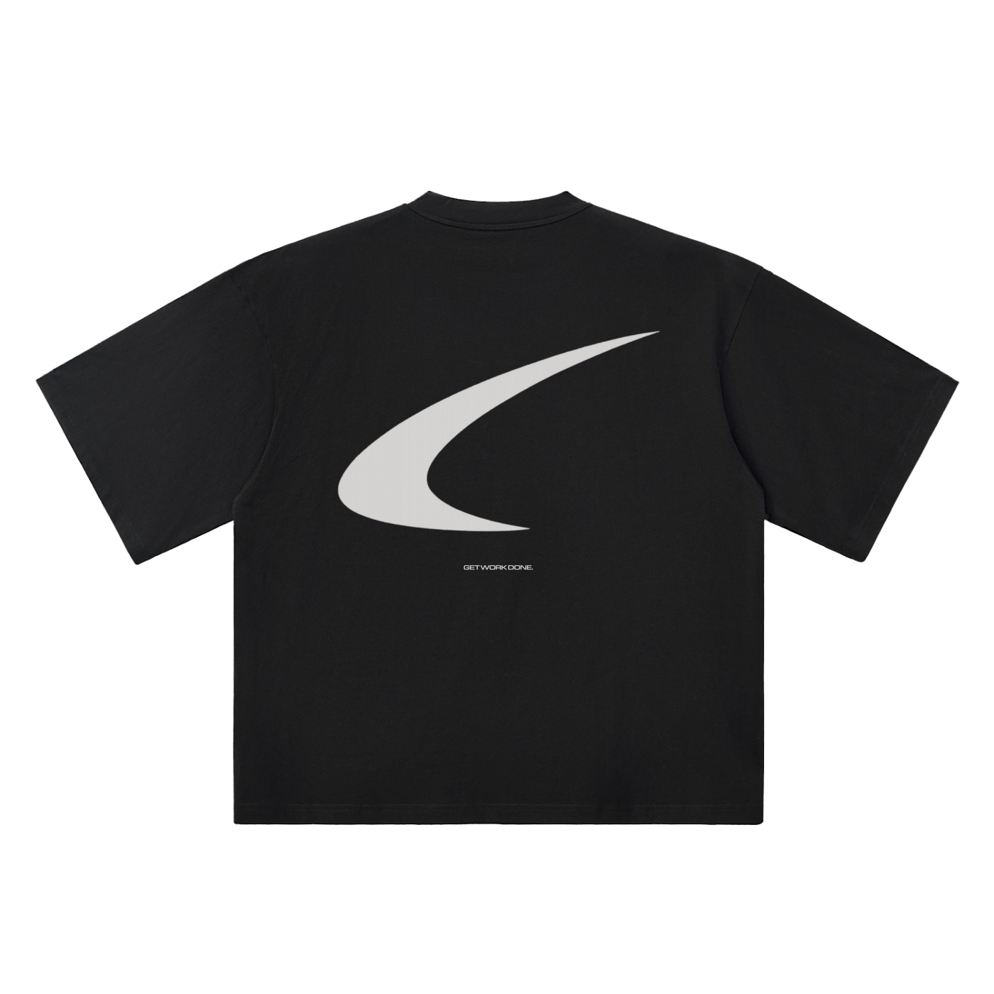Black t-shirt with 'GET WORK DONE' text on a white background