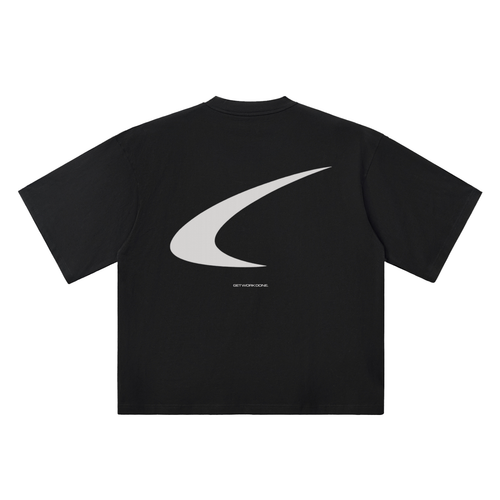 Black t-shirt with 'GET WORK DONE' text on a white background