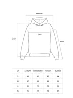 Measurement chart for a hoodie with dimensions labeled on a white background