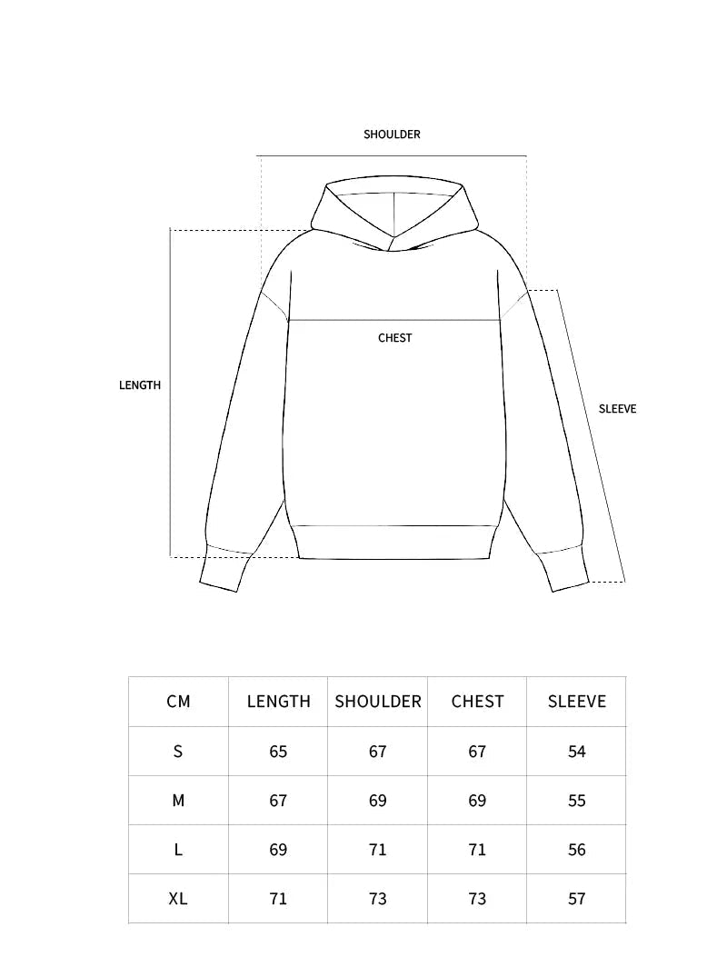Measurement chart for a hoodie with dimensions labeled on a white background