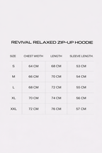 Size chart for Revival Relaxed Zip-Up Hoodie with measurements in centimeters.