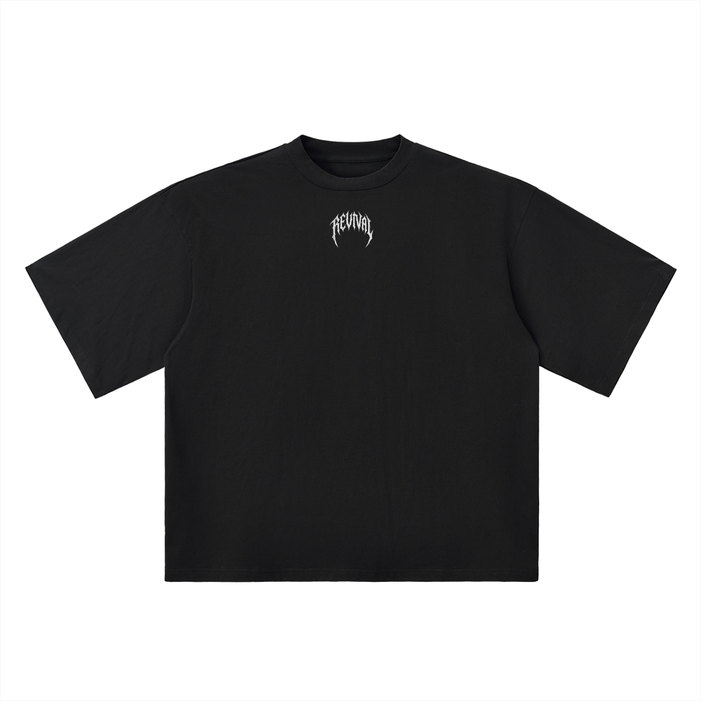 Black t-shirt with a logo and text on a white background