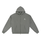Gray hoodie with a logo on the chest against a white background