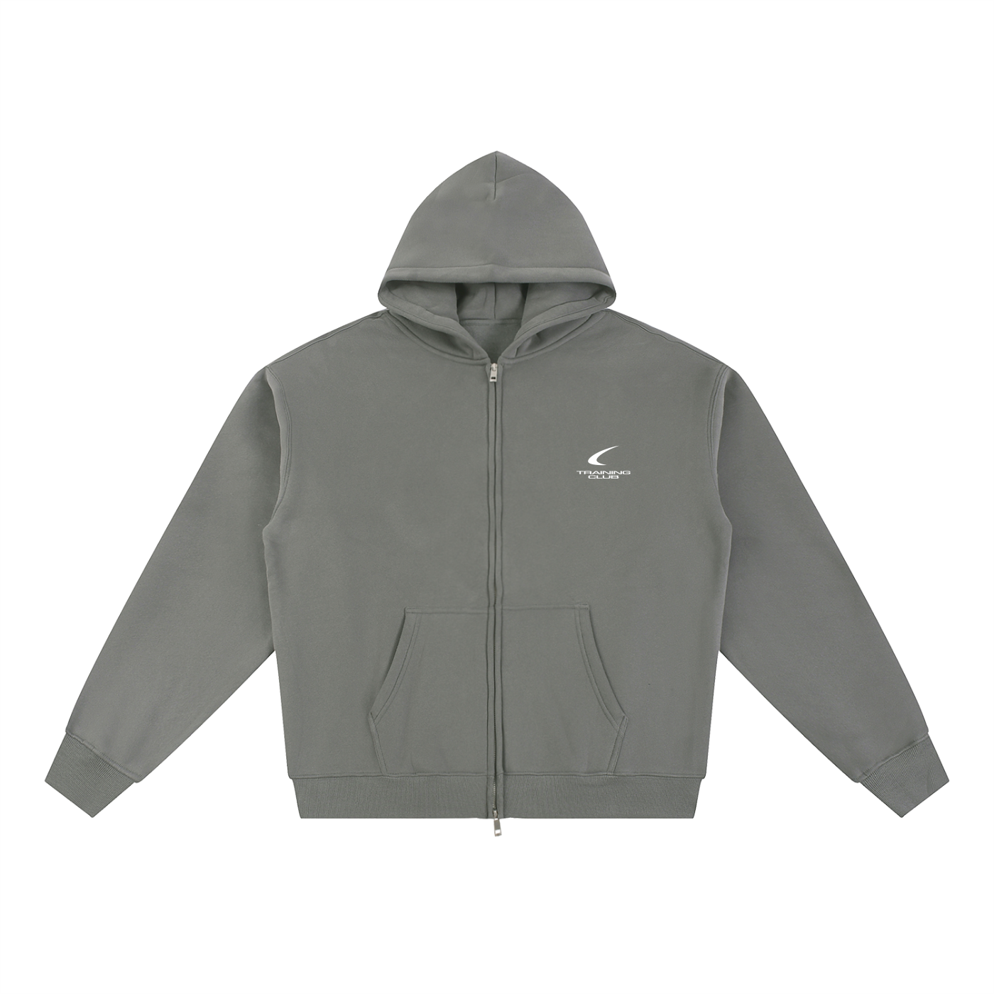 Gray hoodie with a logo on the chest against a white background