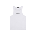 White tank top with black branding on a white background