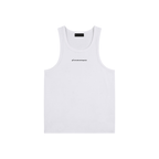 White tank top with black branding on a white background