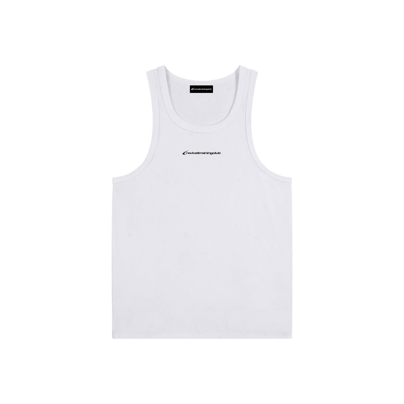 White tank top with black branding on a white background