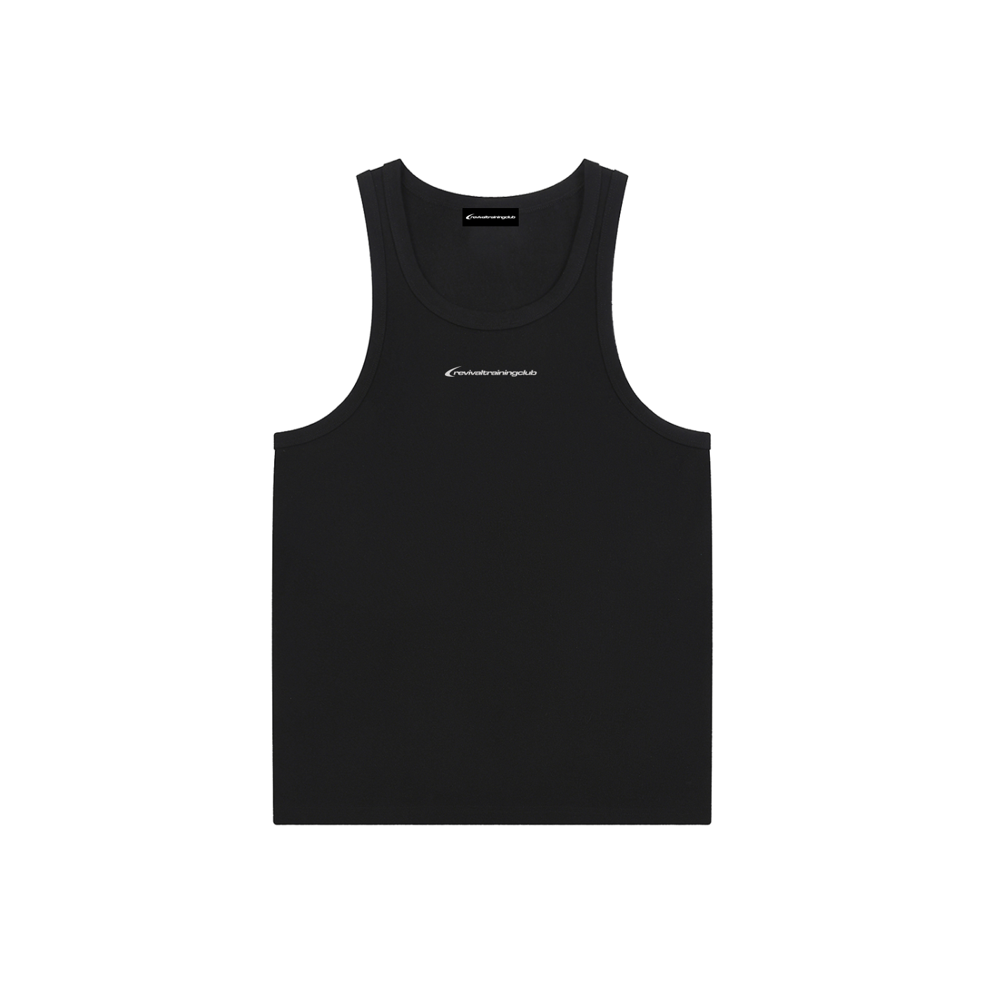 Black tank top with a brand logo on a white background