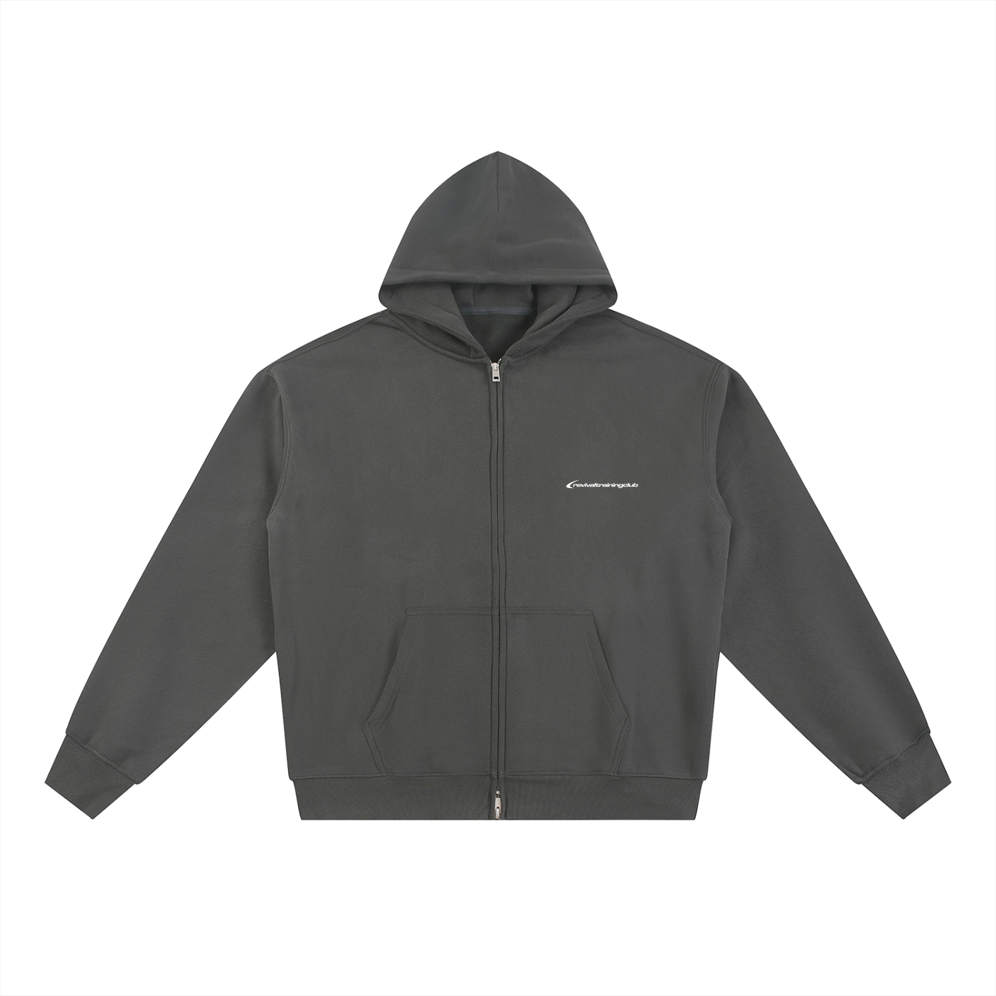 A dark gray zip-up hoodie with a small white embroidered logo on the left chest, displayed flat against a solid white background.