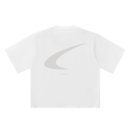 White t-shirt with a logo on a white background