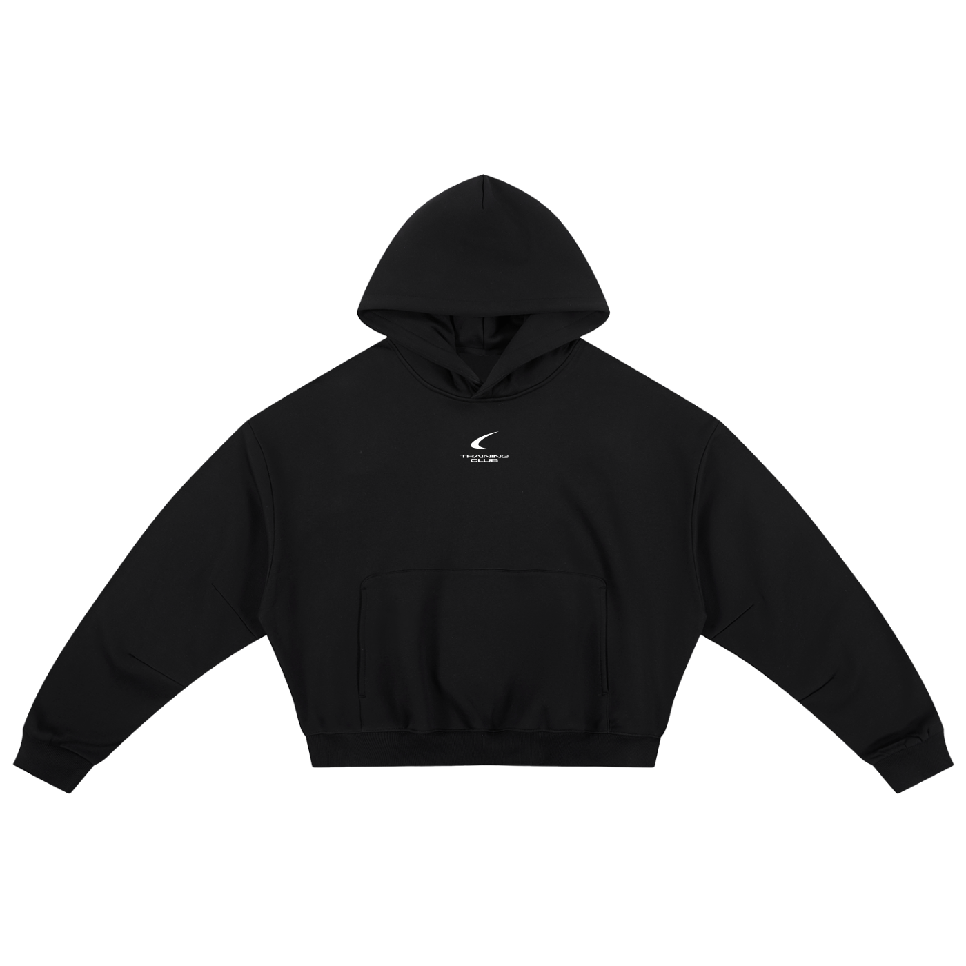 A black cropped pullover hoodie with a small white logo on the left chest, displayed flat against a solid white background.