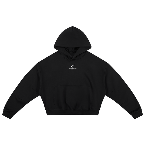 A black cropped pullover hoodie with a small white logo on the left chest, displayed flat against a solid white background.