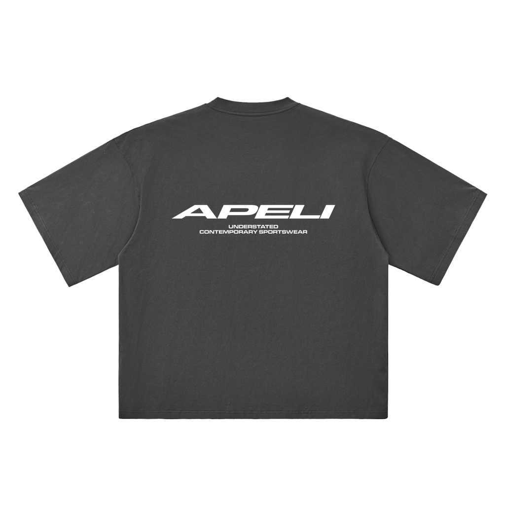Black t-shirt with 'APELI' logo on a white background