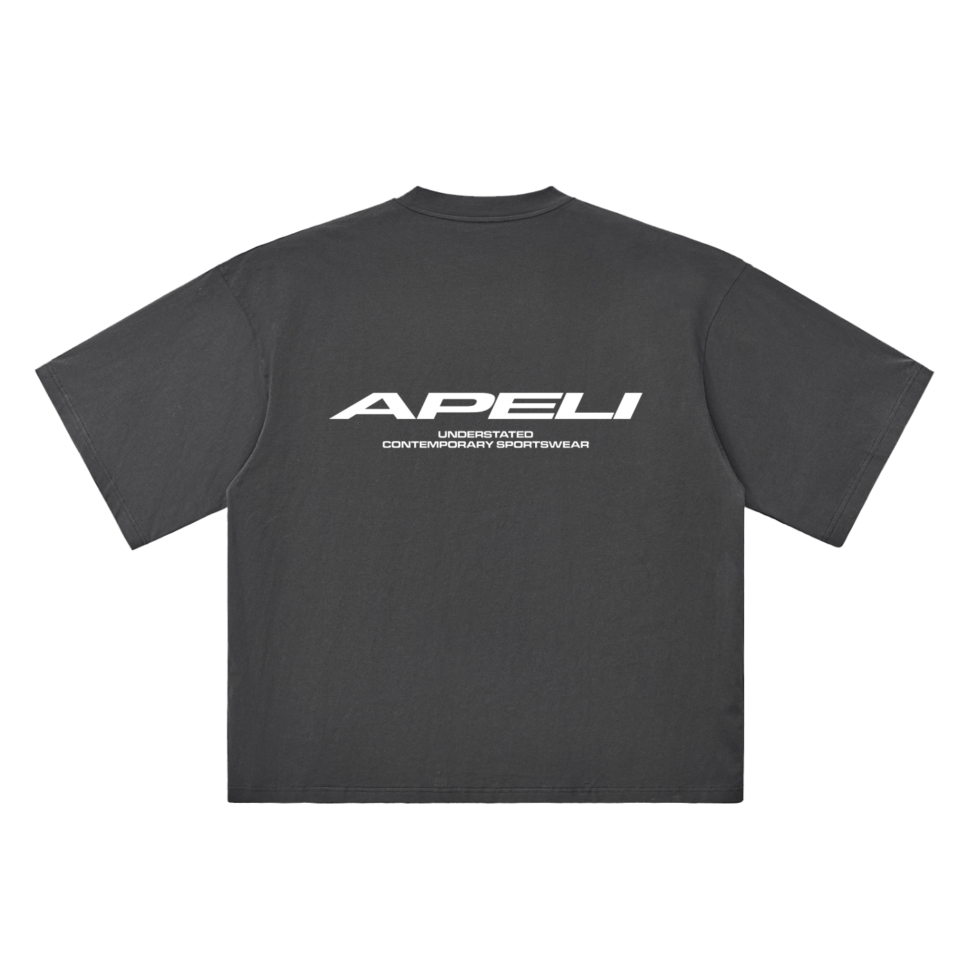 Black t-shirt with 'APELI' logo on a white background