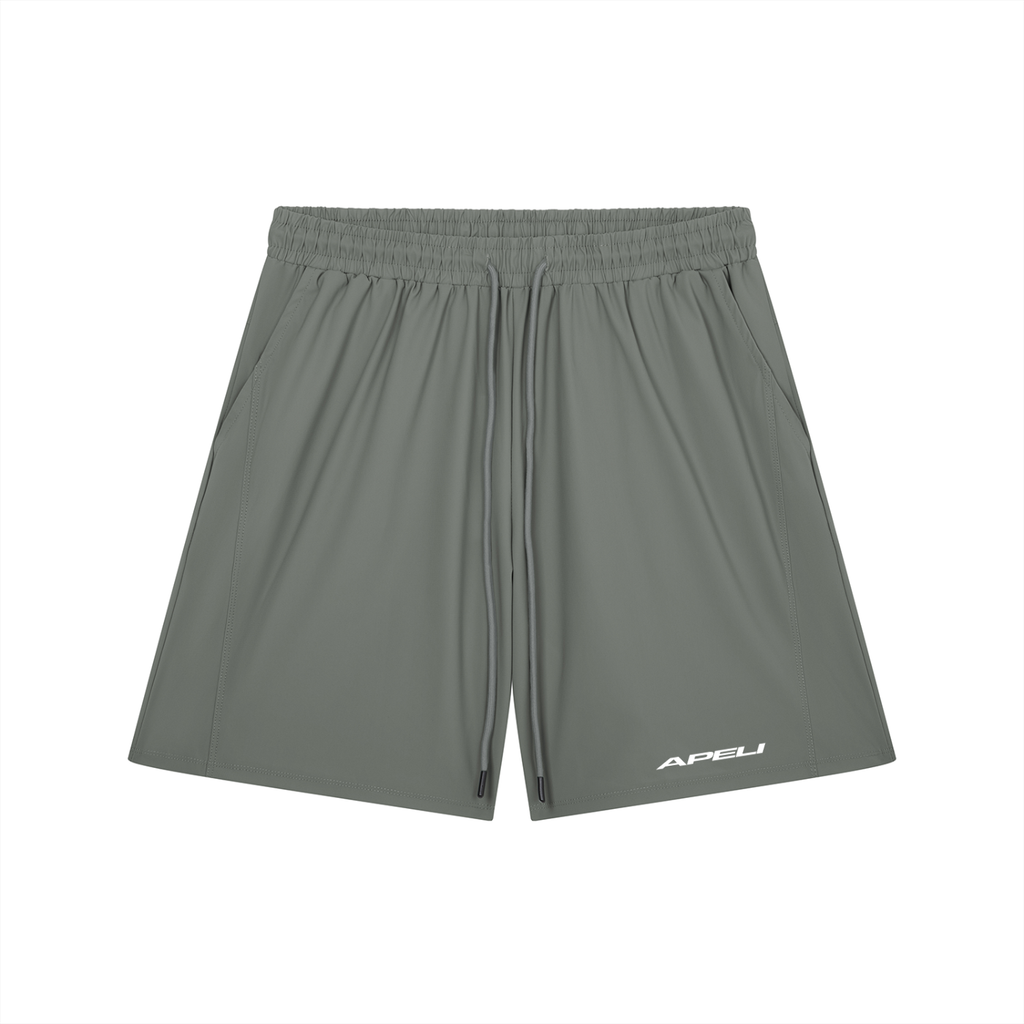 Gray athletic shorts with a brand logo on a white background