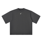 Black t-shirt with a small logo on a white background
