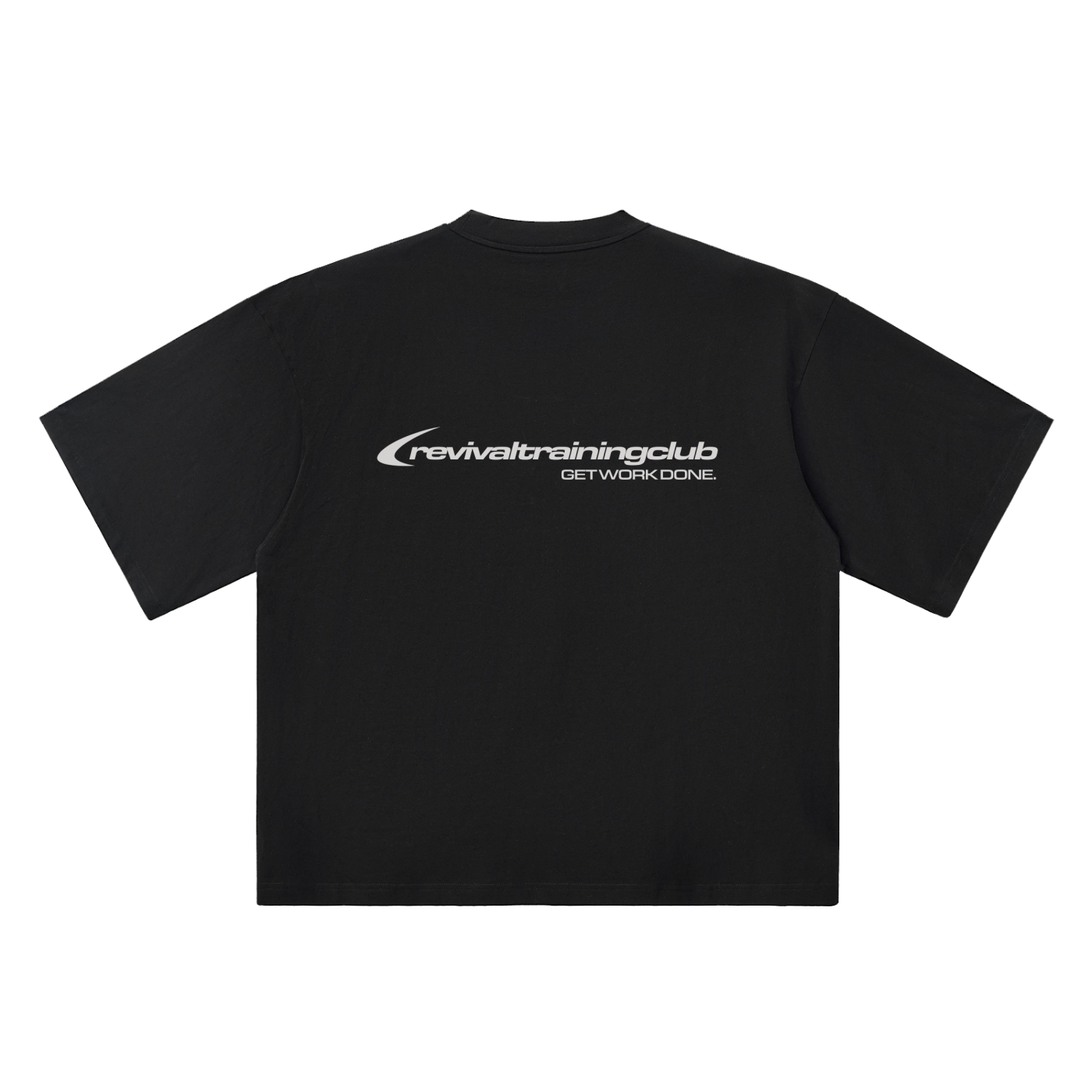 A black short-sleeve t-shirt shown from the back, featuring a white printed logo for 'revivaltrainingclub' and the slogan 'GET WORK DONE.' across the upper back.