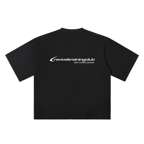 A black short-sleeve t-shirt shown from the back, featuring a white printed logo for 'revivaltrainingclub' and the slogan 'GET WORK DONE.' across the upper back.