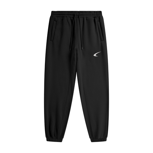 Black jogger pants with a logo on a white background