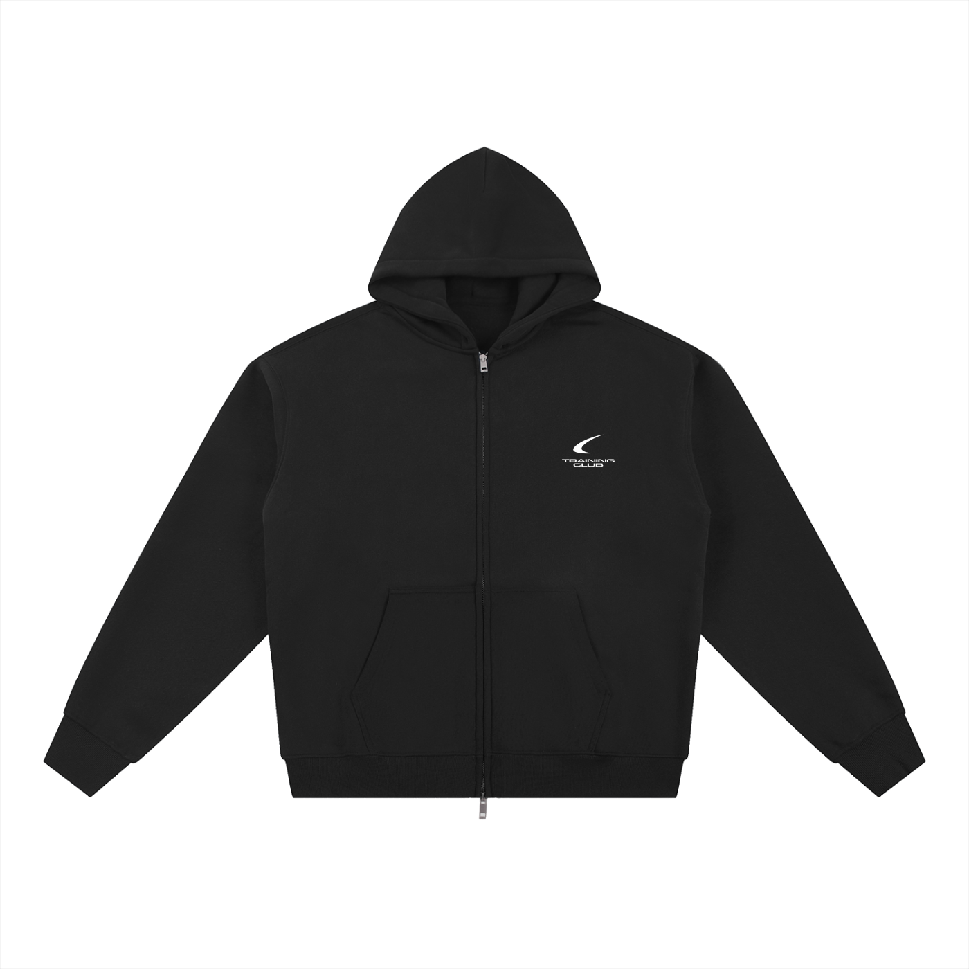 A black zip-up hoodie with a small white logo on the left chest, displayed flat against a solid white background.